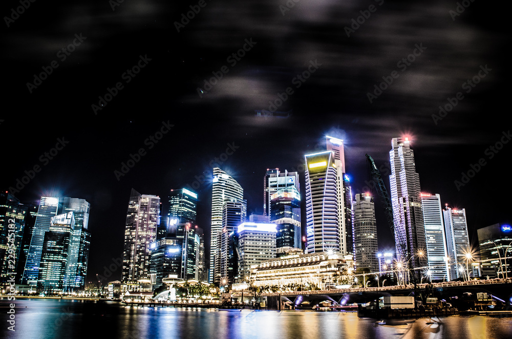Sea view at Skyscrapers of Singapore at night
