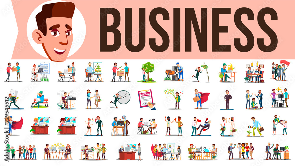 Business People Set Vector. Meeting, Talking, Communicating, Discussion, Person Working Together. Lifestyle Office Situations. Illustration Business People Set Vector. Meeting, Talking, Communicating, Discussion, Person Working Together. Lifestyle Office Situations. Illustration