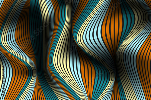 Distorted Striped Surface. Wavy Lines and Gradient Mesh. Trendy Abstract Background. Futuristic Template with Effect of Volume and Movement. Flow. Wavy 3D Abstraction with Distortion of Vector Lines.