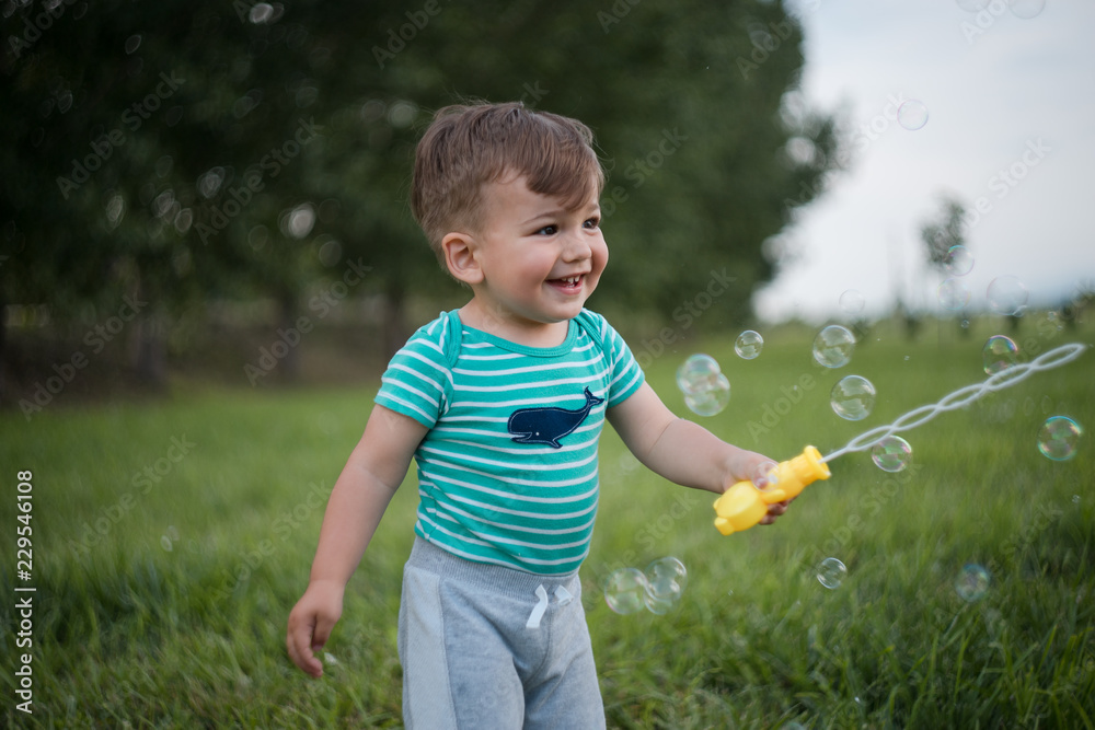 Little Boy playing with the soap bubbles in the field