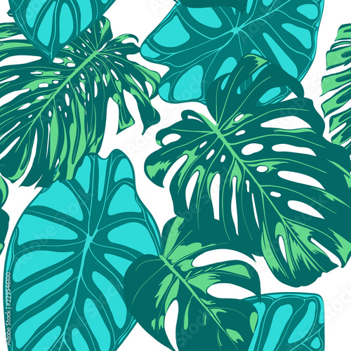 Seamless Vector Tropical Pattern. Monstera Palm Leaves and Alocasia. Jungle Foliage with Watercolor Effect. Exotic Hawaiian Textile Design. Seamless Tropical Background for Fabric  Dress  Paper  Print