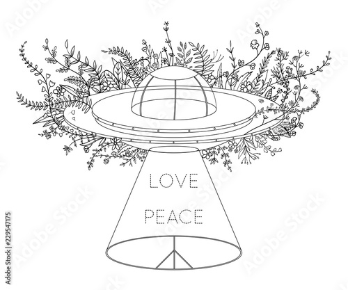 UFO spaceship. Unidentified flying object with light beam  flowers and hippie peace symbol. Peace  love sign. Design concept for tattoo  banner  card  t-shirt  print  poster. Vector illustration