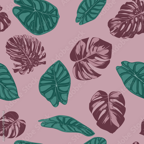 Vector Tropic Seamless Pattern. Philodendron and Alocasia Leaves. Hand Drawn Jungle Foliage in Watercolor Style. Exotic Background. Seamless Tropic Leaf for Textile  Cloth  Fabric  Decoration  Paper.