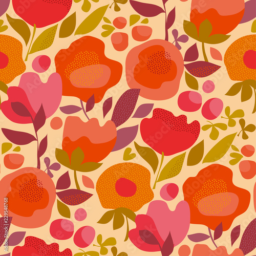 Red and pink decorative flowers in retro style.