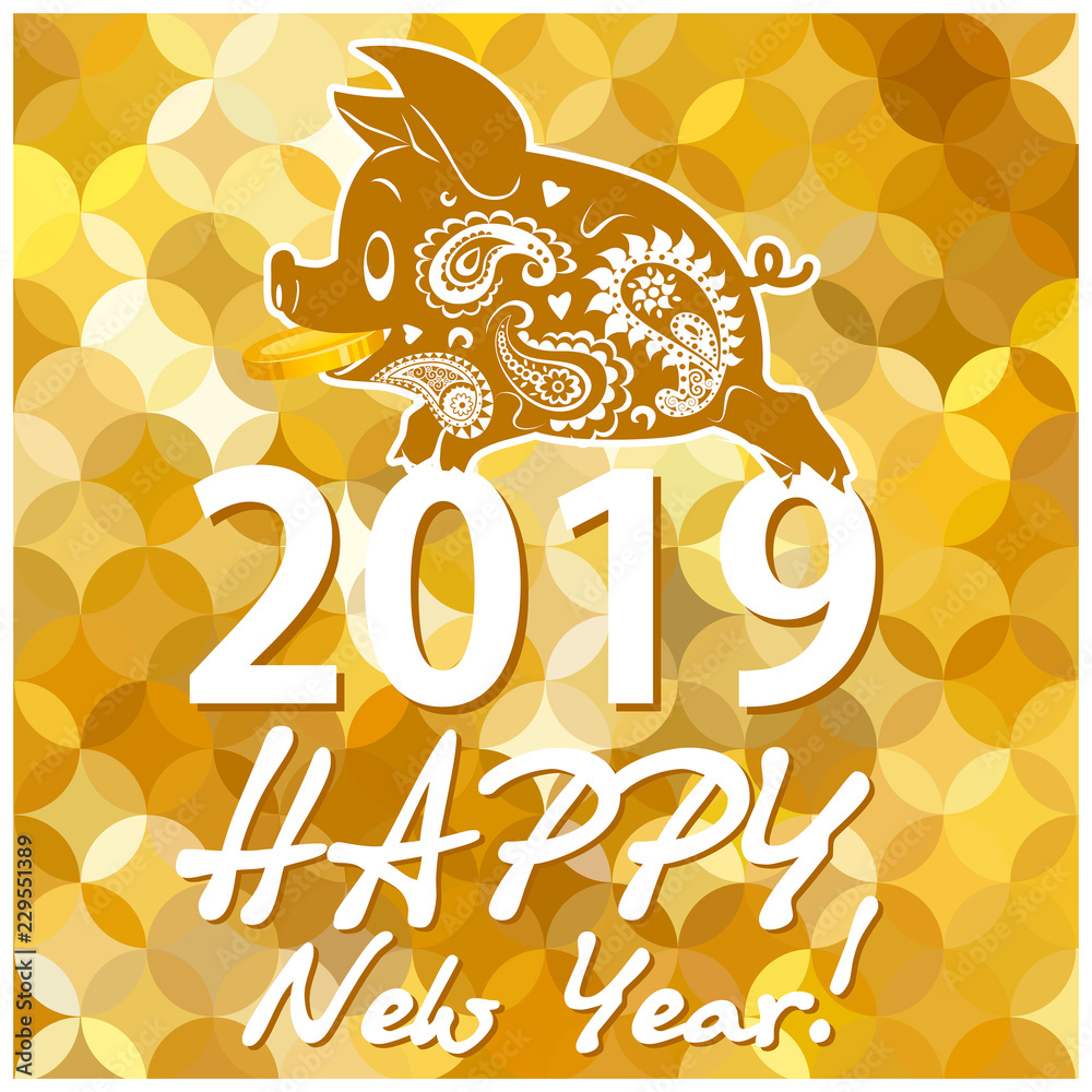 Fototapeta premium Yellow pig holding a coin. Gold background
