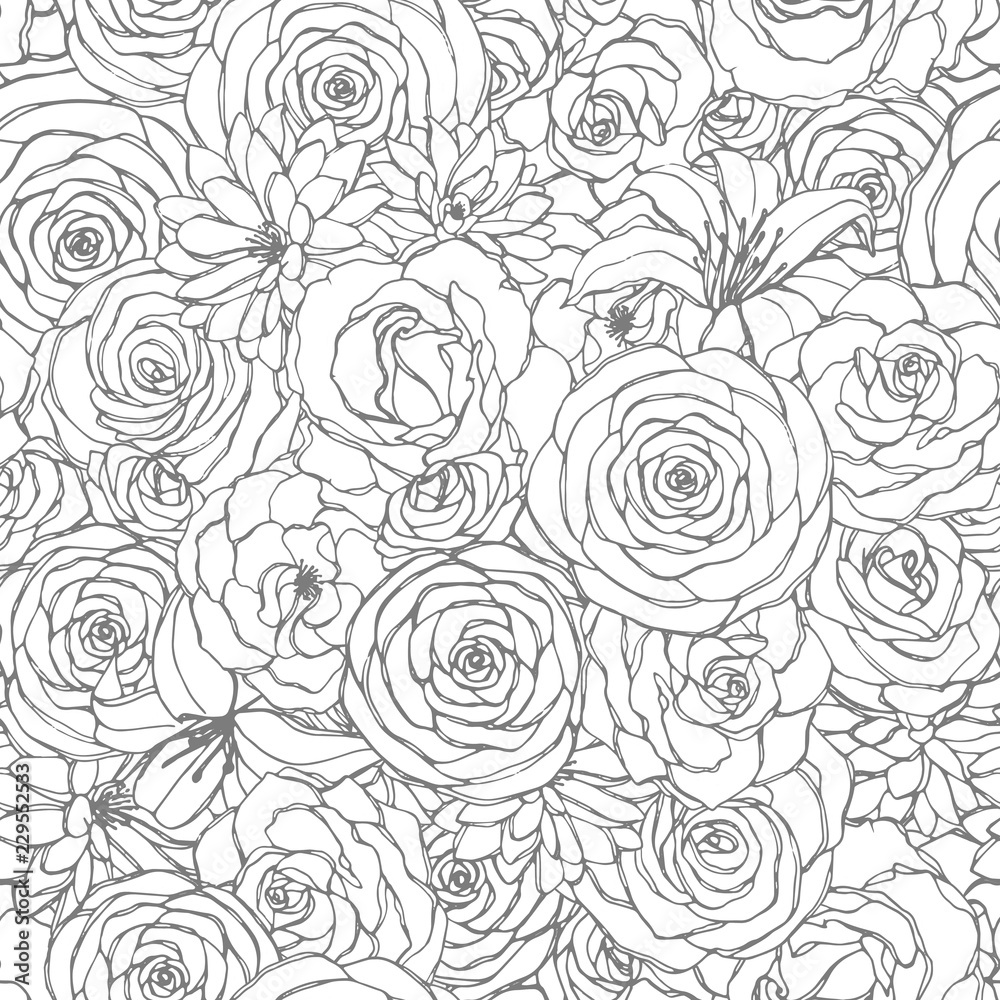 Vector seamless pattern with rose, lily, peony and chrysanthemum flowers line art on the white background. Hand drawn floral repeat ornament of blossoms in sketch style. Usable for coloring books.