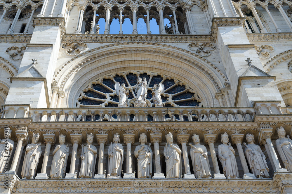Fragment of facade of famous Notre Dame de Paris, Paris, France