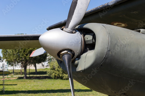 The propeller of an old plane shot close-up.