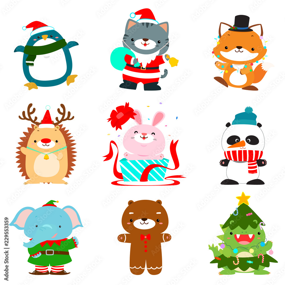 Set of cute christmas animal characters vector. Set of cute christmas animal characters vector.