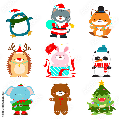 Set of cute christmas animal characters vector.