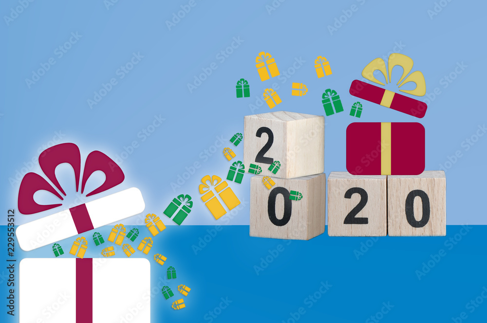 Merry Christmas and happy new year with open gift box on blue background