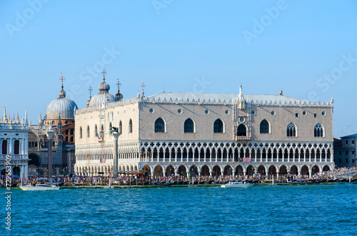 View of Doge's Palace and embankment from side of San Marco bay, Venice, Italy