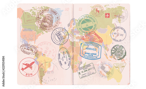 Open foreign passport with custom visa stamps. World map travel. Vector