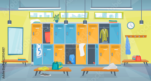 Cartoon Color Changing Room Fitness Inside Interior. Vector