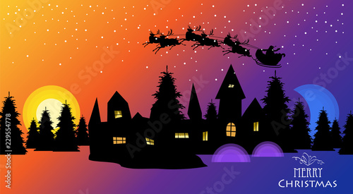 Christmas town. Santa reindeer flying over night city
