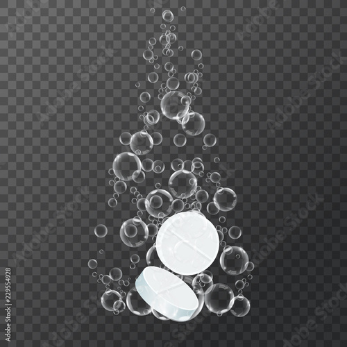 Round shaped two dissolving medicine pills. Sparkling water bubbles trails. Vector illustration.