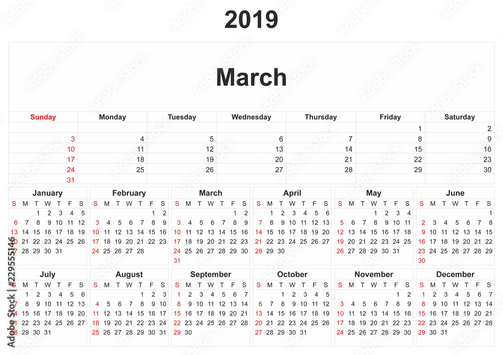 2019 monthly calendar with white background. 2019 monthly calendar with white background.