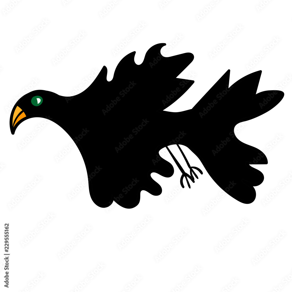 Obraz premium Cartoon black flying bird isolated on white background. Vector illustration.