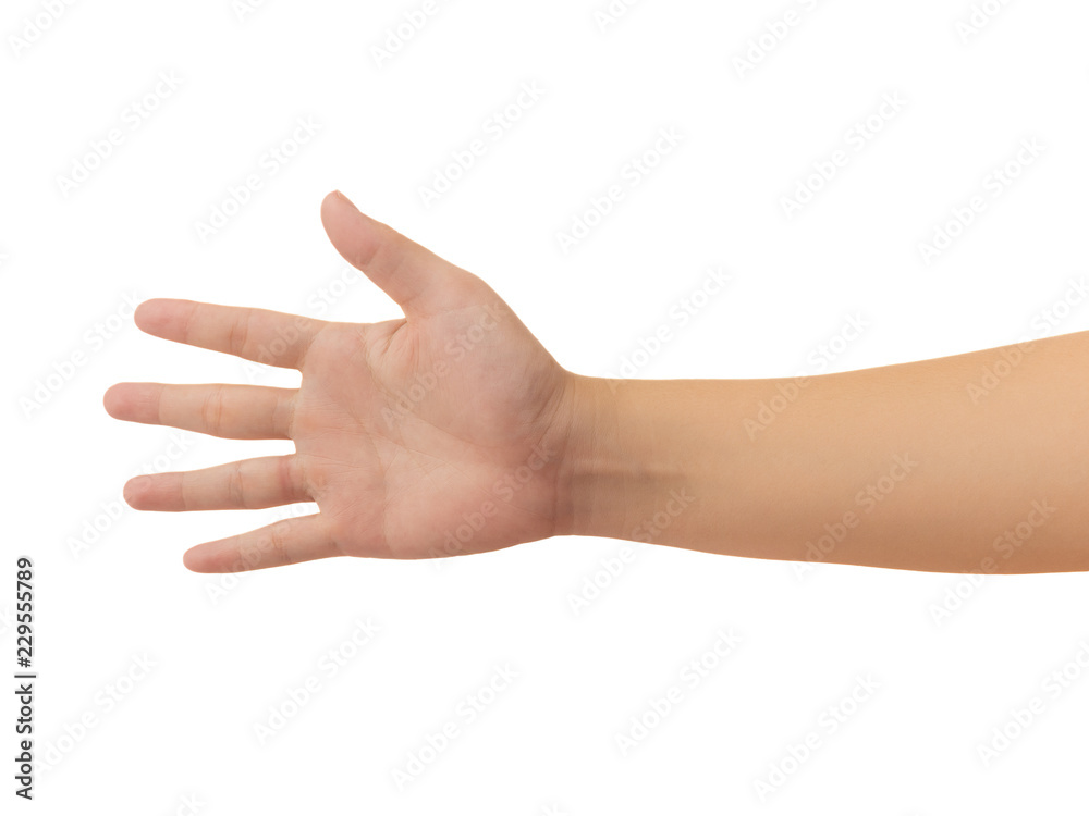 Human hand in reach out one's hand and showing 5 fingers gesture isolate on white background with clipping path, Low contrast for retouch or graphic design