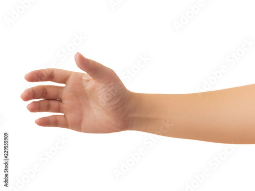 Human hand in reach out one s hand and showing 5 fingers gesture isolate on white background with clipping path  Low contrast for retouch or graphic design