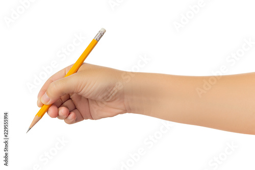 Human hand in reach out one's hand and writing, drawing or sketching with yellow pencil gesture isolate on white background with clipping path, Low contrast for retouch or graphic design