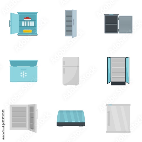 Market fridge icon set. Flat set of 9 market fridge vector icons for web design