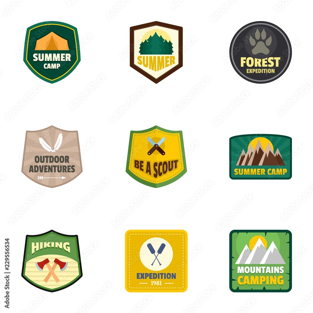 Forest camp logo emblem set. Flat set of 9 forest camp vector logo emblem for web design