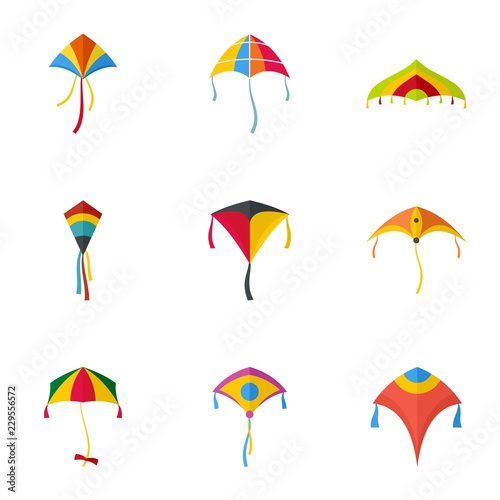 Kid kite icon set. Flat set of 9 kid kite vector icons for web design