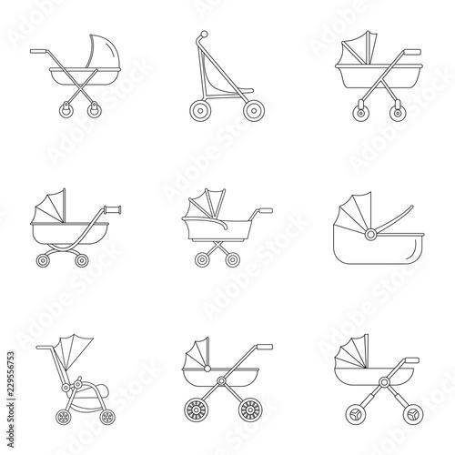 Baby stroller icon set. Outline set of 9 baby stroller vector icons for web design isolated on white background