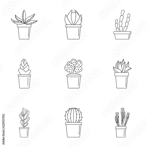 Cactus pot icon set. Outline set of 9 cactus pot vector icons for web design isolated on white background