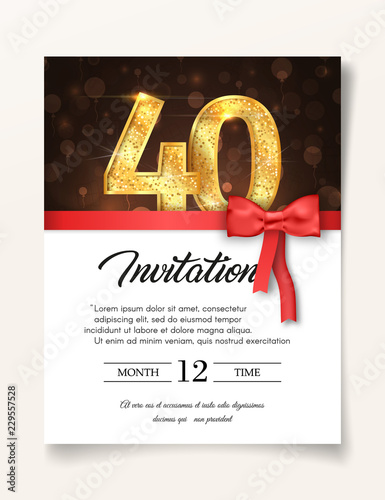 Wedding Invitation card template to the day of forty fortieth years anniversary with abstract text vector illustration. Invite to 40 th years eve jubilee