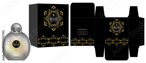Packaging design, Label on cosmetic container with black and gold luxury box template and mockup box. vector illustration.	