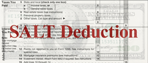 A US Federal tax Schedule A for 1040 income tax form with text SALT deduction