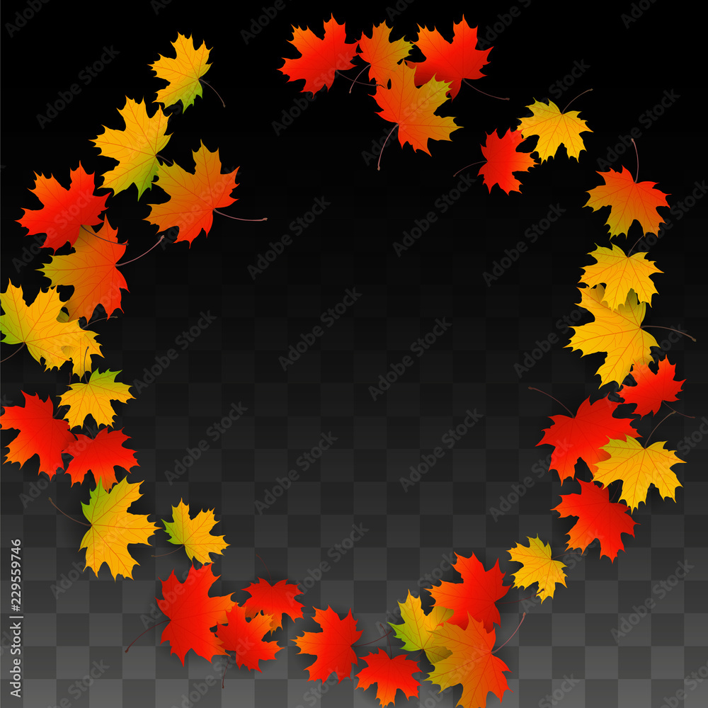 September Vector Background with Golden Falling Leaves. Autumn Illustration with Maple Red, Orange, Yellow Foliage. Isolated Leaf on Transparent Background. Bright Swirl. Suitable for Posters. September Vector Background with Golden Falling Leaves. Autumn Illustration with Maple Red, Orange, Yellow Foliage. Isolated Leaf on Transparent Background. Bright Swirl. Suitable for Posters.