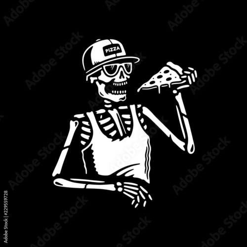 SKELETON EATING PIZZA BLACK BACKGROUND
