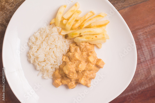 Vegan Stroganoff with Palm Heart, rice and fries photo