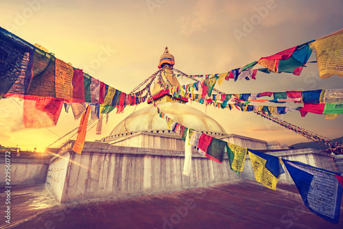 Famous Boudha Stupa in Nepal decorated with colorful prayer flags