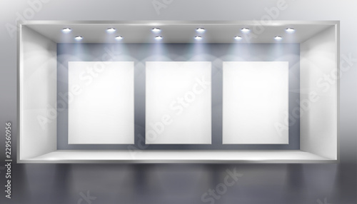 Front view of shop  with display. Empty place for the exhibition. Vector illustration.
