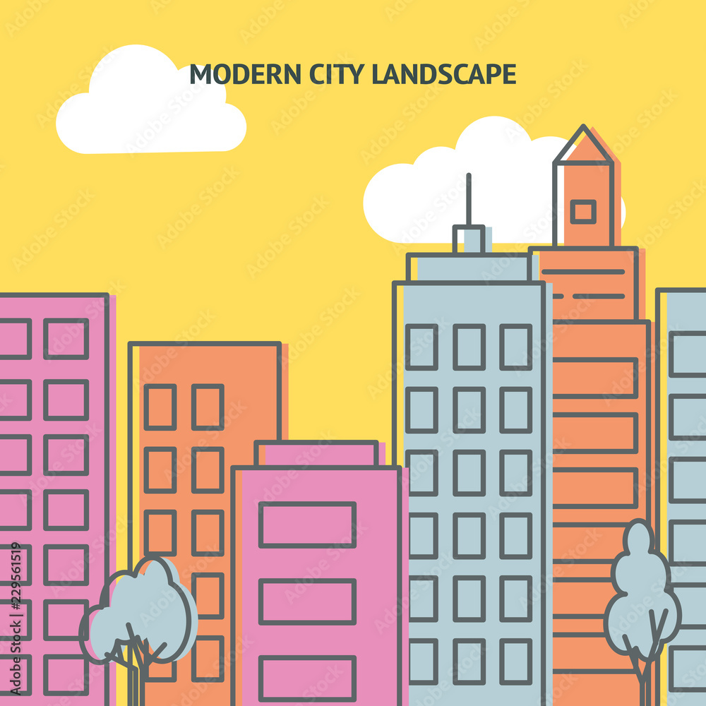 Fototapeta premium Bright vector card template with city street in thin line style