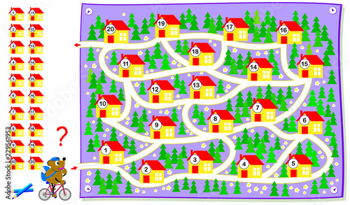 Logic puzzle game for young children with labyrinth. Help postman deliver mail to houses in order. Draw path to connect numbers from 1 to 20. Worksheet for kid school textbook. Vector cartoon image.