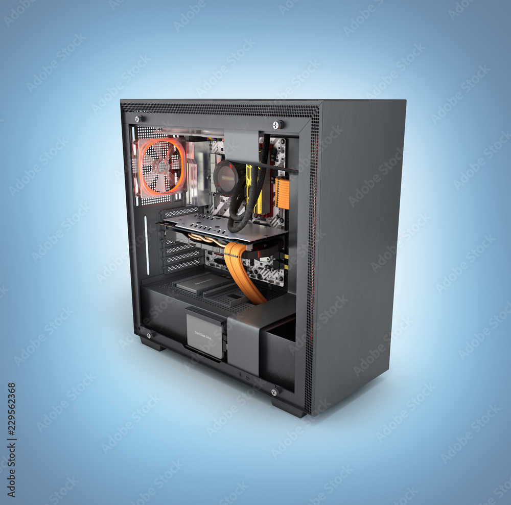 Open computer with red lighting effects and water cooled cooling system on blue gradient background 3d render Open computer with red lighting effects and water cooled cooling system on blue gradient background 3d render