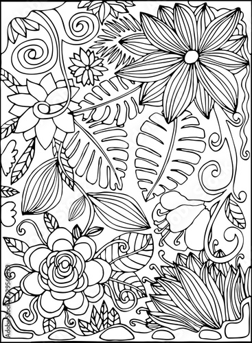 Black and white thin line hand drawn postcard with tropic flowers, jungle, palm leaves, tropical garden. Coloring book page. Vector illustration.