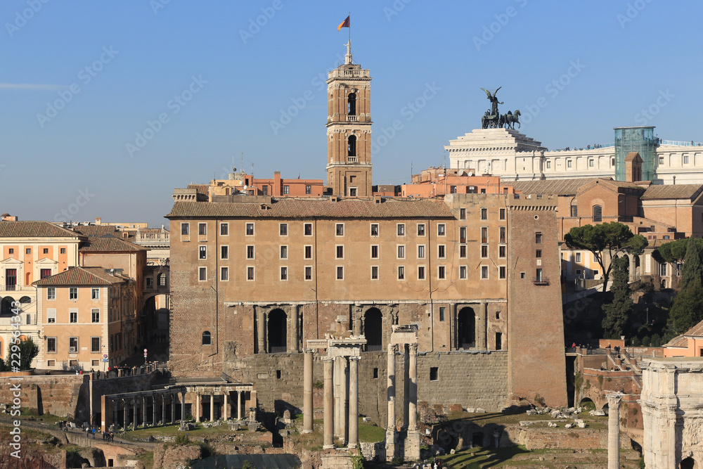 View of the exterior of the Senatorial Palace of Rome (also colled Palazzo del Campidoglio) from the Roman Forum.