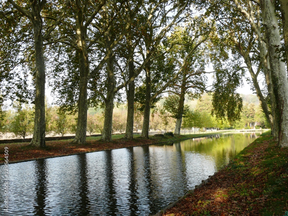 Canal artificiel et arbres au château de Courcelles sur Vesles dans l'Aisne. France Canal artificiel et arbres au château de Courcelles sur Vesles dans l'Aisne. France