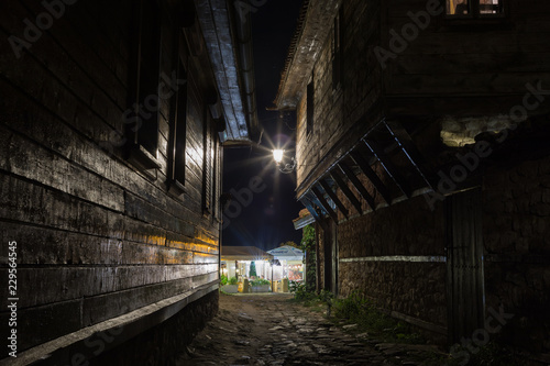 Architecture of the old city of Nesebar (Nessebar) at night. Streets and color of the city at night. Bulgaria.
