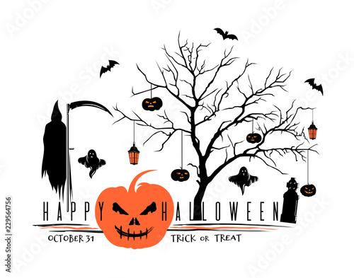 Halloween black orange logo design. Eat, drink, be scared. Trick or treat. October 31. Vector illustration