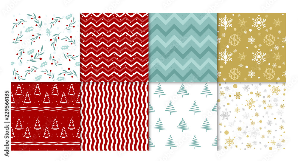 Vector illustration set of winter patterns. Collection of red and white, golden and blue seamless backgrounds with snowflakes, christmas tree and simple abstract geometric design.
