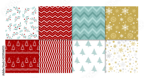 Vector illustration set of winter patterns. Collection of red and white, golden and blue seamless backgrounds with snowflakes, christmas tree and simple abstract geometric design.