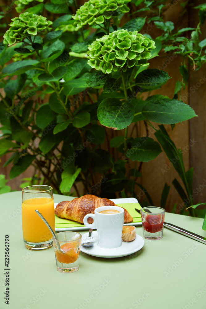 French breakfast in small cafe with inner garden. Coffee, croissant, marmelade, orange juice and fried egg with toasts, cheese and jamon on a green table