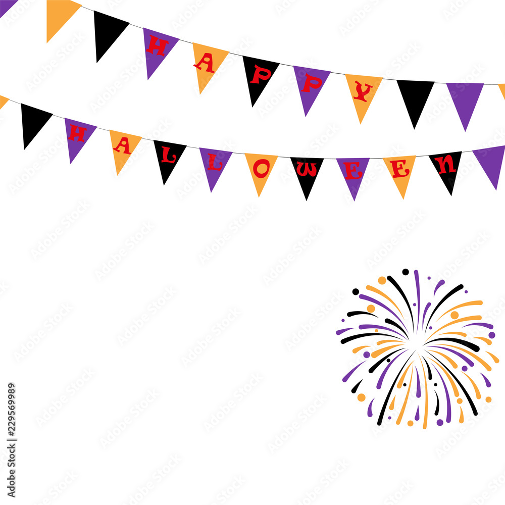 Halloween Carnival Background with Flags Garlands and Fireworks.